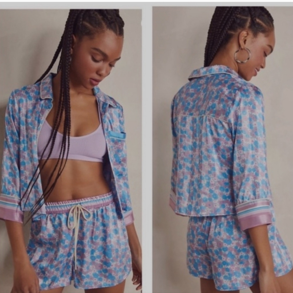 Free People Pillow Talk Satin PJ Pajama Set Cool Lavender Combo Medium